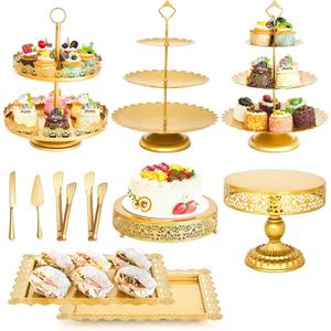 11 Pcs Gold Cake Stand Set for Wedding, Dessert Table Display Set for Birthday, Metal Square Serving Trays for Candy, Cupcake Pop Stand Holder Tower with Round Base for Celebration, The Platters for Party