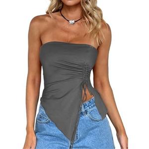 CSDAJIO Women's Drawstring Ruched Side Asymmetrical Tube Top Strapless Crop Top Going Out Shirt Drawstring Grey X-Small