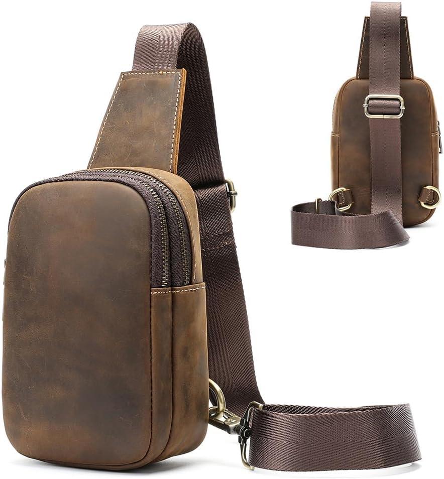 Genuine Leather Sling Bags for Men Crossbody Purse Vintage Small Messenger Shoulder Bag for Phone Side Chest Daypack Bag (Brown)