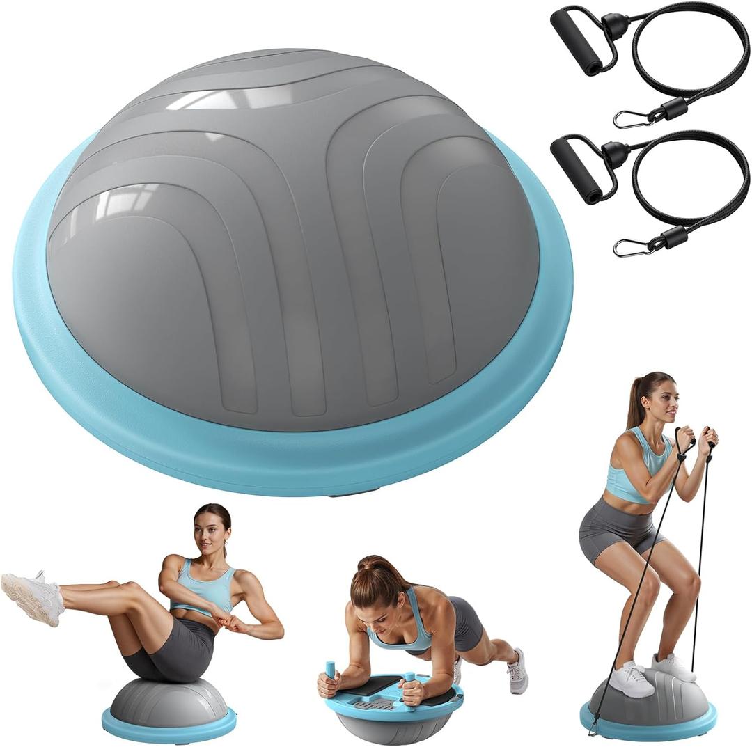 MERACH Balance Ball Trainer, 18 Inch Half Exercise Ball with Resistance Bands and Foot Pump, Half Yoga Ball for Core Strength Training, 450lb Capacity
