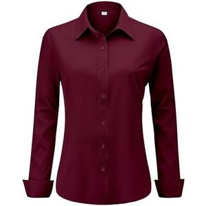 hearain Soft Wrinkle-Free Women's Button Down Dress Shirts Solid Long Sleeve Work Blouses Fit Stretch Casual Tops Size 2XL, Red