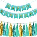 Teal Turquoise Gold Birthday Party Decorations Aqua Mint Birthday Banner Paper Tassel Garland Fringe Streamers for Girls 16th Women 30th 40th 50th Birthday Backdrop Dcor