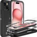 YKHJKLEC for iPhone 15 Case, Military Grade 3 in 1 Heavy Duty Shockproof/Drop Proof/Dust Proof Case with 2Pcs Tempered Glass Screen Protector (Black/Grey)