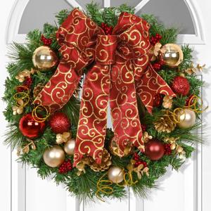 Christmas Wreath Christmas Decorations - 16" Christmas Wreaths for Front Door, Red Bow Christmas Ball Pine Needles Wreath for Home Wall Windows Outdoor Xmas Decor (1pcs)