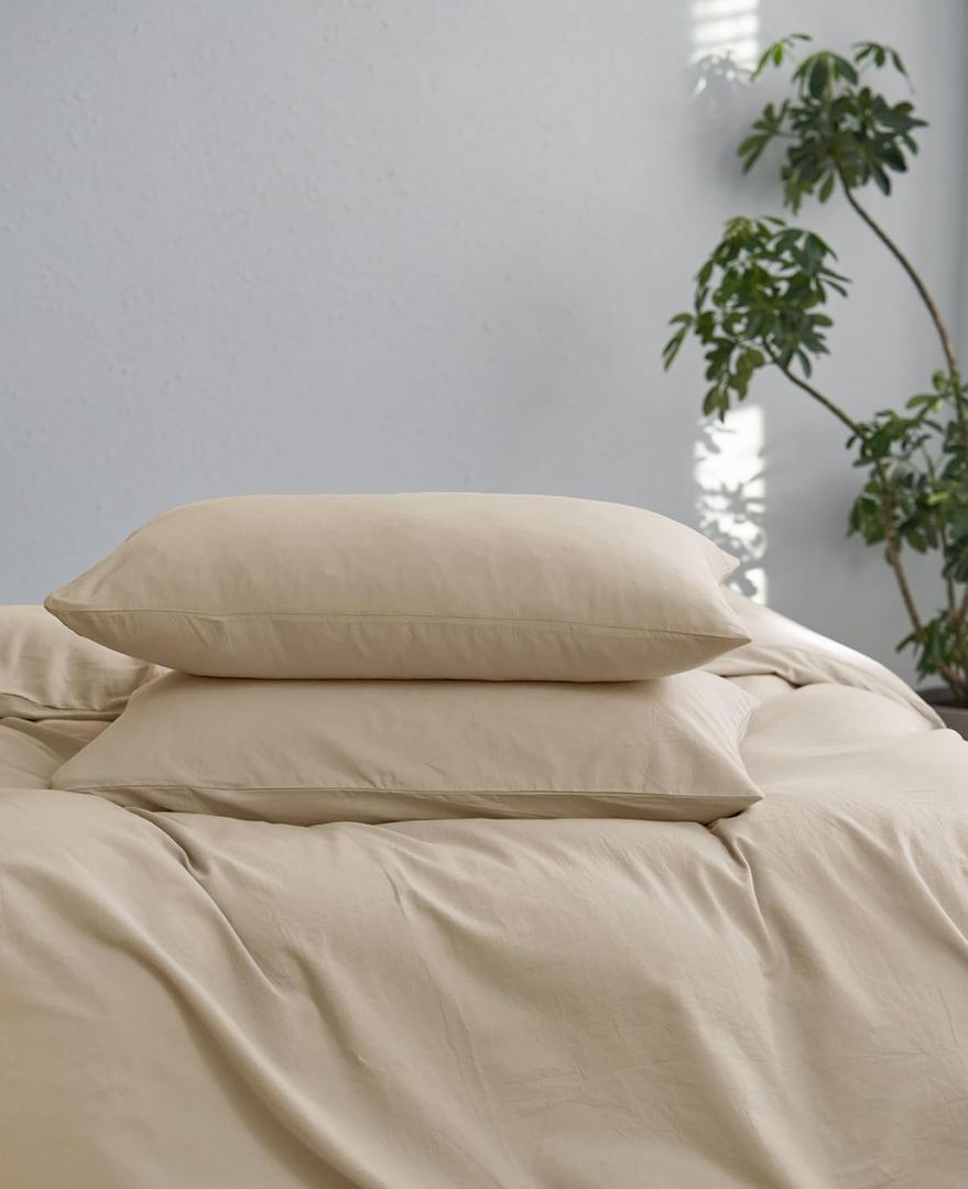 MooMee Bedding Pillowcases Pack of 2 100% Washed Cotton Linen Like Textured Breathable Durable Soft Comfy (Heathered Almond Milk Grey, Standard)