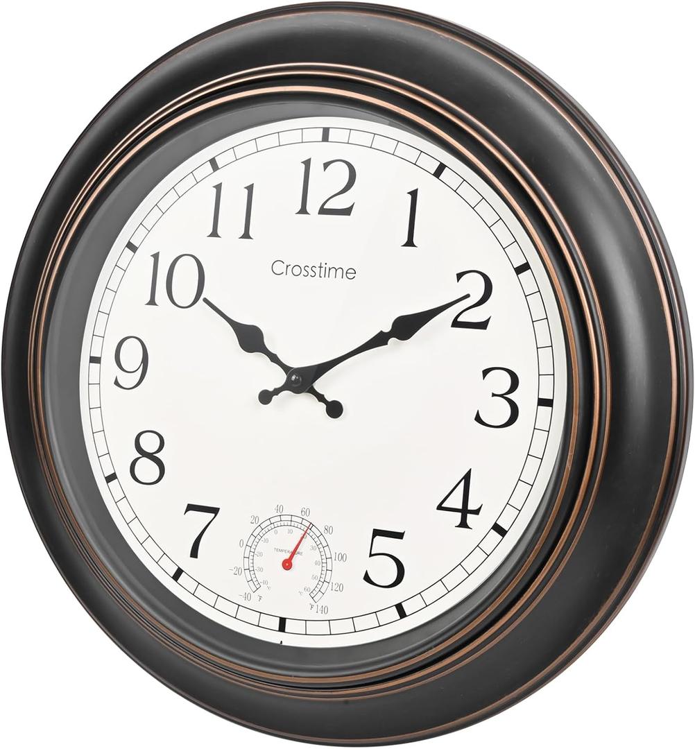 Crosstime Large Outdoor Clock Waterproof 18" - Retro Indoor Outdoor Wall Clocks with Thermometer for Patio Pool Garden Living Room Decor,Bronze