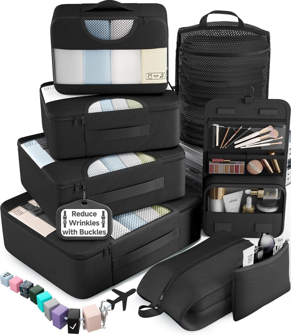 Veken 10 Set/8 Set Packing Cubes for Travel Essentials, Suitcase Organizer Bags in 4 Sizes, Carry-On Luggage Accessories with Laundry Bag & Passport Holder, Airplane Must Have, Camp Gifts for Men (01 Black)