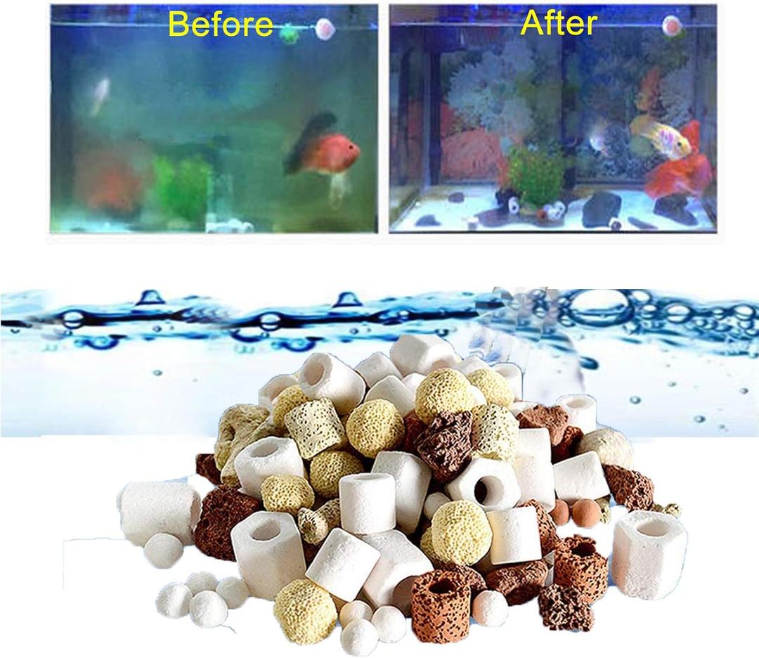 17OZ Aquarium Filter Mixed Ceramic Small Balls Media, Fish Tank Water Filtration Pond Filter Ceramic Rings Brown Volcanic Rock for Water Quality Improvement, PH Adjust