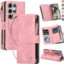 for Samsung Galaxy S24-Ultra-Wallet Case: with RFID Blocking Card Slots (6 Cards) | Soft PU Leather Magnetic Snap Zipper Pocket | Crossbody Wrist Strap Protective Phone Cover - Pink