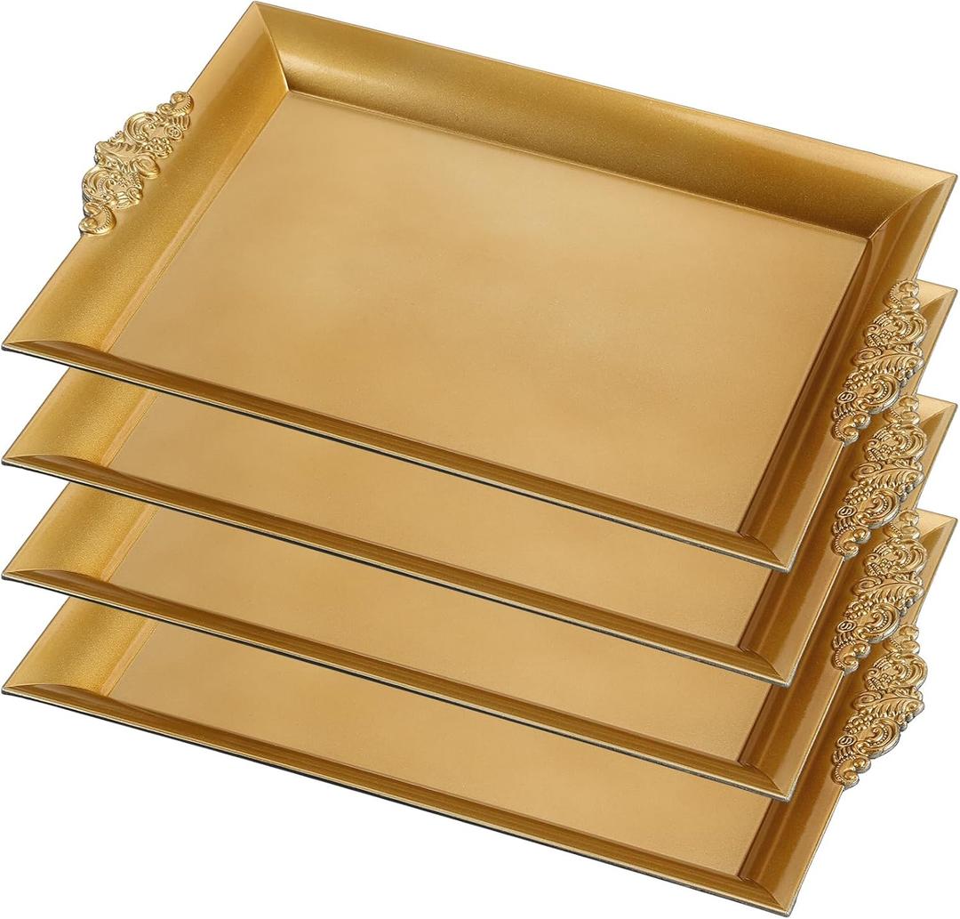4 Pcs Gold Tray 14" x 10" Rectangle Decorative Plastic Serving Trays with Embossed Rims for Party Anniversary Wedding Bridal Shower, Baby Shower, Birthday, Cake Dessert Display