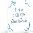 Please Sign Our Guestbook Sign - Blue Bow Baby Shower Sign, 1 Pack Arch Acrylic Sign with Stand, Gender Reveal Party Table Decor, Blue Baby Shower Supplies (SP12)
