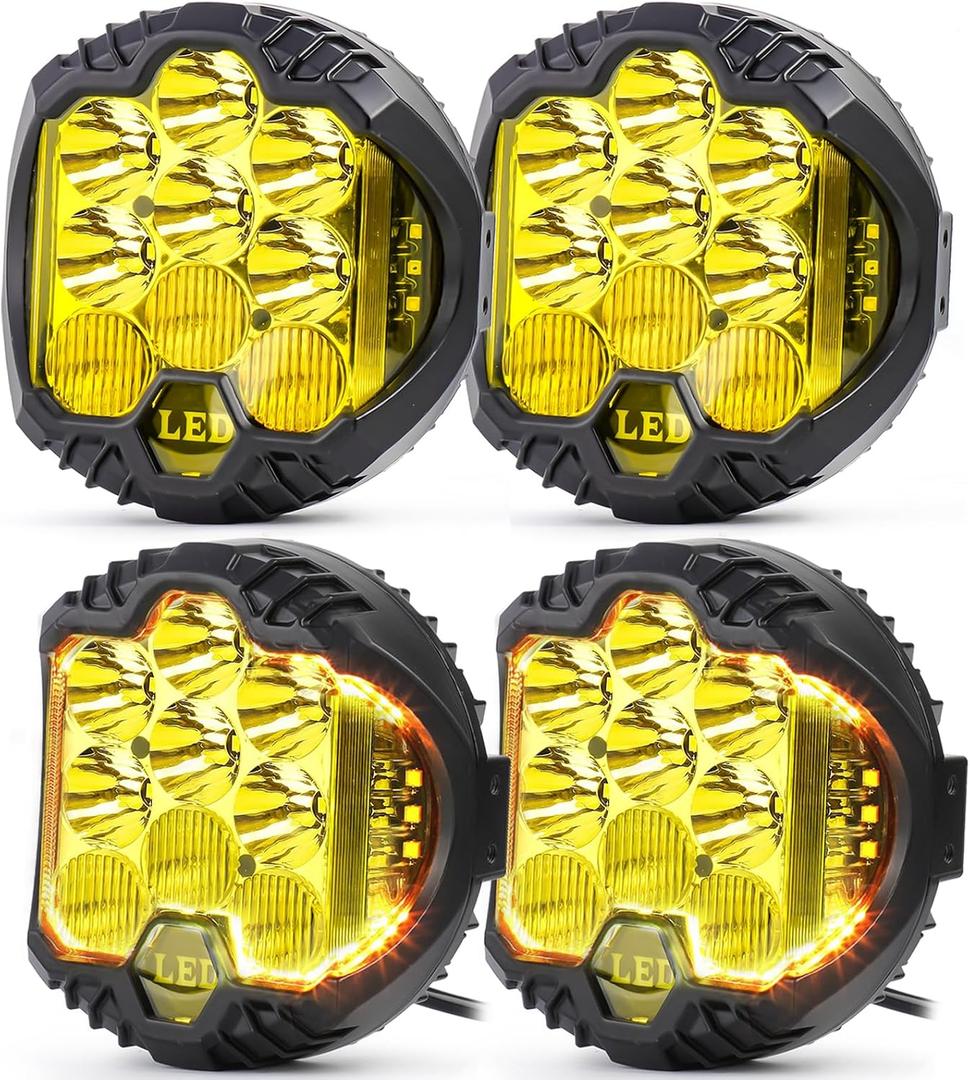 LIGBT 4PCS 5 Inch Amber Yellow Round LED Offroad Light with DRL 90W LED Light Pods 270 Wide Range Super Bright Side Shooter for Pickup Truck ATV UTV SUV
