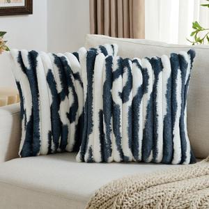 FUTEI Pack of 2 Faux Fur Plush Throw Pillow Covers 24x24 Inch Soft Tie Dye Striped Textured Farmhouse Decorative European Cushion Covers Modern Home Decor for Couch Bed Living Room, Navy Blue White