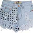 COMLIFE Women's Denim Shorts Worn Irregular Tassels Hem Sexy Studded Mid Waisted Jean Short Pants (Large)