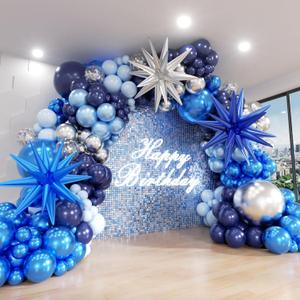 Blue Balloon Arch Kit, 152Pcs Explosion Star Various Blue and Silver Latex Balloon Garland kit Different Size Balloons for Anniversary Birthday Wedding Baby Shower Dark Party Decorations