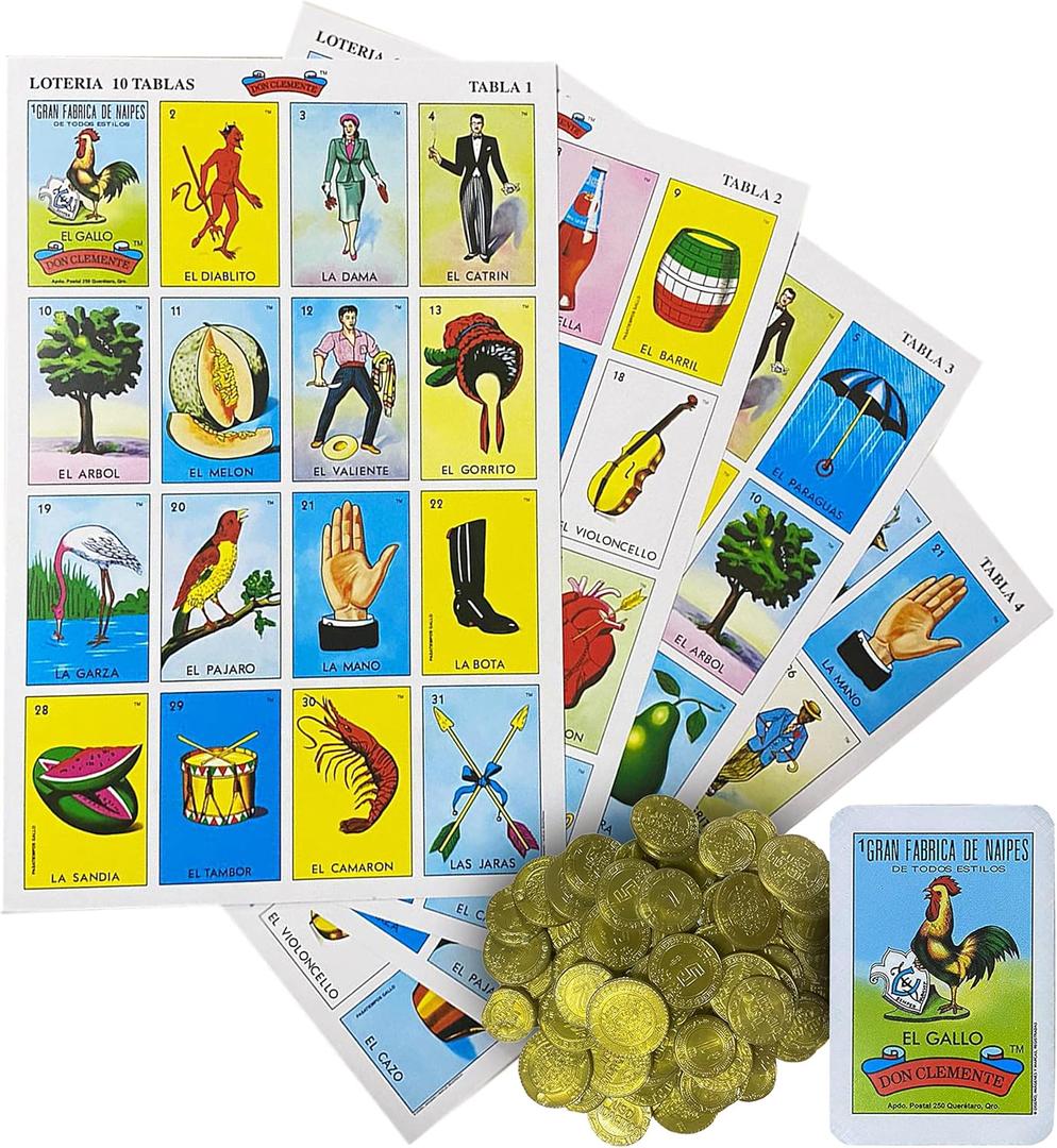 Loteria Mexicana Tradicional Jumbo Don Clemente para 10 Jugadores con 100 Monedas - Jumbo Size Mexican Bingo Set with 100 Counting Chips Plastic Coins for 10 Players with Deck of Cards and Boards