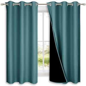 NICETOWN 100% Blackout Short Curtains with Black Liners, 2 Panels, 37" W by 40" L, Sea Teal, Solid Thermal Insulated Full Blackout 2-Layer Lined Drapes, Energy Efficiency Window Draperies for Bedroom