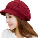 HINDAWI Women Winter Warm Knit Hat Wool Snow Ski Caps with Visor (Red)