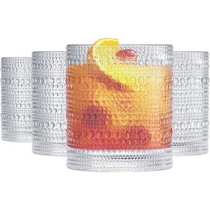 Khen Plastic Hobnail Drinking Glasses Set of 4 Clear Cups 14oz, Shatterproof & Unbreakable Acrylic Beaded Design, BPA-Free, Dishwasher Safe Indoor/Outdoor Drinkware for Water, Juice, Cocktails