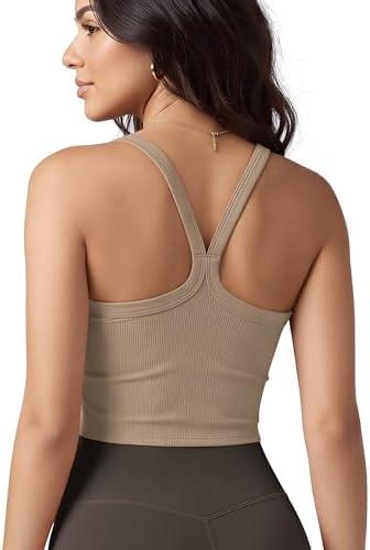 ODODOS Women's Seamless Crop Cami Wide Scoop Neck Ribbed Soft Open Racerback Cropped Tank, Small