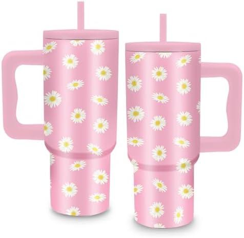 Gifts for Women - 24 oz Pink Daisy Tumbler with Handle and Straw - Insulated Stainless Steel Cup, Leakproof, Cute Floral Daisy Design Travel Mug, BPA Free, Fits Car Cup Holders, Keeps Drinks Cold/Hot