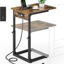 Vagusicc C Shaped End Table with Charging Station, 33" Tall Side Table for Couch, C Table Adjustable Height Small Couch Side Table, Slide Under Sofa Table TV Tray Table for Living Room, Bedroom, Brown (16"D x 12"W x 18-32"H)