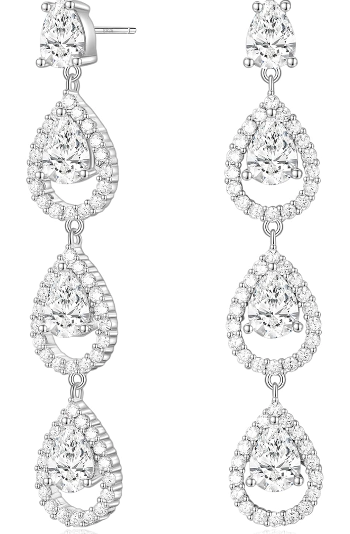 EAMTI 925 Sterling Silver Posts Dangle Earrings for Women Wedding Bridal Earrings Cubic Zirconia Teardrop Long Statement Earrings