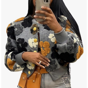 Aimiray Women's Cropped Floral Print Jacket Long Sleeve Fleece Warm Bomber Jacket Lightweight Button Varsity Coats Size S