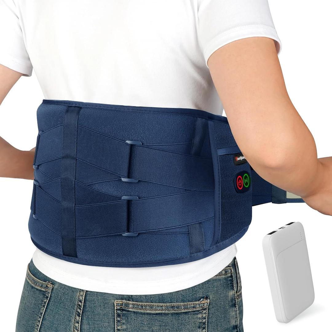 Comfytemp Cordless Heating Pad with Massager for Back, Portable Lower Back Massager FSA Eligible HSA Rechargeable Wireless Electric, Birthday Gifts for Women Men Mom Dad Seniors 3 Heat 30Auto-Off Blue