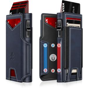 Wallet for Men Wallet with Slim Pop Up Card Holder 9-13 Cards, Bifold Minimalist Smart Wallet RFID Blocking Credit Card Holder with ID Window & Stretchable Cash Slot Compact Metal Aluminum Card Case (Navy)