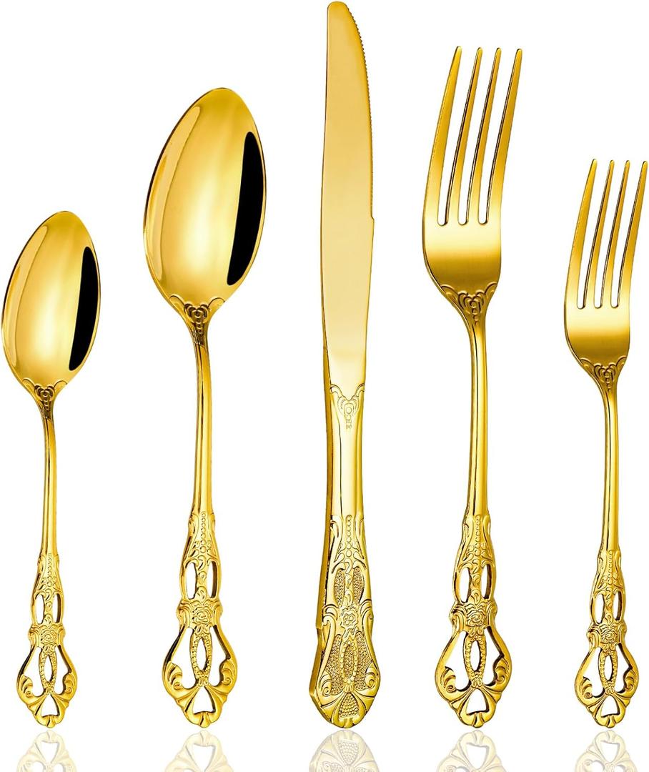 Cididu 40 Pieces Gold Silverware Set for 8, Retro Royal Utensils Set Gold, Stainless Steel Flatware Dinnerware Set Including Forks Spoons and Knives Cutlery Set for Kitchen Wedding Party