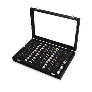 Frebeauty Ring Organizer Tray 100 Slots Ring Holder with Clear Lid Velvet Storage Box Jewelry Tray for Jewelry Store Earring Display Case for Jewelry Show Studs Box for Women(Black)