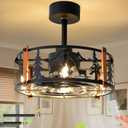 Rustic Farmhouse Ceiling Fan with Light, 18.9" Caged Fandelier with Forest & Deer Design, 6-Speed Reversible Quiet Motor, Remote Control, Vintage Chandelier Ceiling Fan for Bedroom Living Room Kitchen