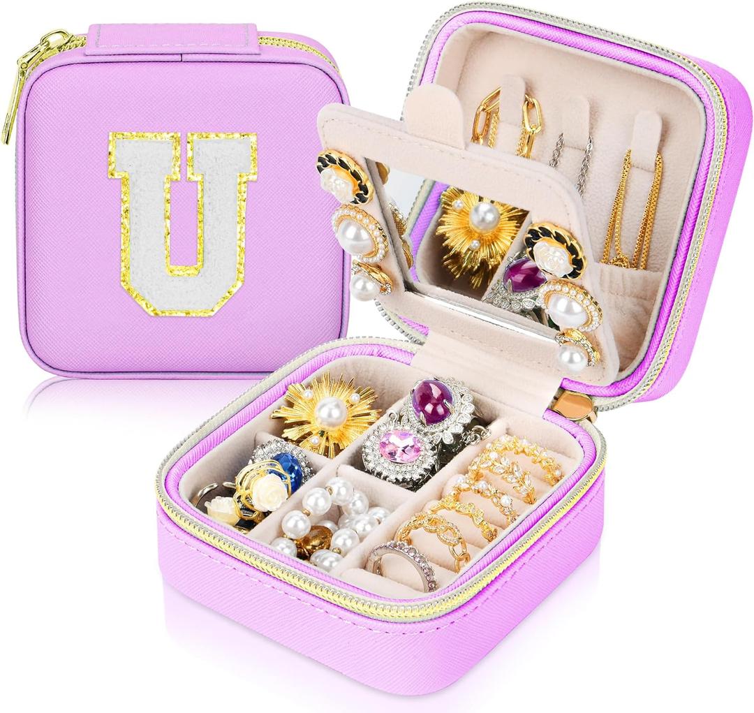 Initial Travel Jewelry Box Case Organizer, Teen Girls Gifts, Small Personalized Preppy Birthday Christmas Gifts for Girls Women Wife, Ring Necklace Earring Organizer Box, Purple U