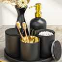 Black Bathroom Accessories Set with Tray, 6pcs Matte Black Bathroom Accessory Sets, Glass Soap Dispenser and Toothbrush Holder Set, Qtip Holder, Ceramic Flower Vase, Bathroom Set Decor