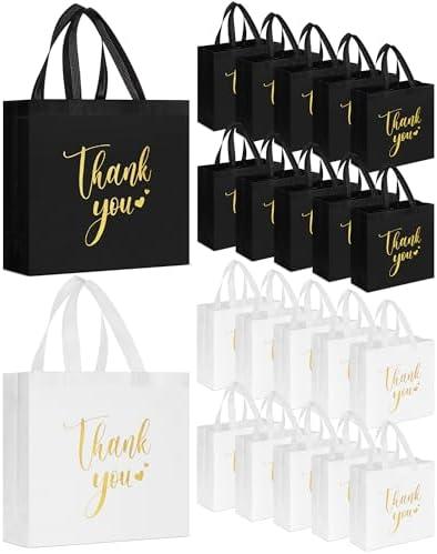 SilTriangle 50 Pcs Thank You Gift Bags with Handles Bulk Reusable Non Woven Bags Bridesmaid Souvenir Handbags for Wedding Easter Graduation Sorority Birthday(11 x 12 x 5 Inch,Black, White)