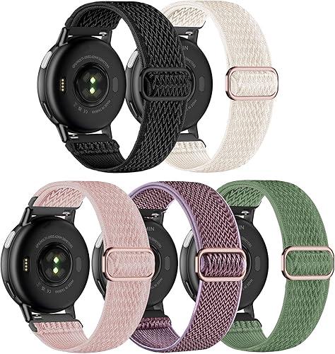 Kollody 4 Pack Stretchy Nylon Watch Bands Compatible with Garmin Vivoactive 5/6/Forerunner 55/165,20mm Soft Elastic Fabric Adjustable Replacement Sport Straps for Garmin Venu Sq 2 Women Men