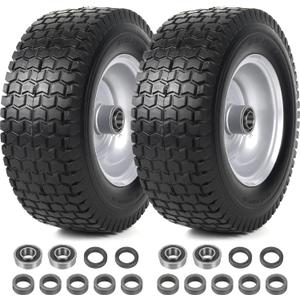 AR-PRO (2-Pack) 13x5.00-6 Flat Free Tire and Wheel Assemblies - Compatible for 13 x 5 x 6 Solid Rubbe Riding Lawn Mower Tires and Wheel - With 3" Centered Hub and 3/4" Bearings (Extra 5/8") (13 x 5.00-6" Flat-Free (Centered Hub), Silver)