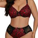 MakeMeChic Women's Plus Size 2 Piece Lingerie Set Leopard Print Floral Lace Bow Knot Bra and Panty Sets XL
