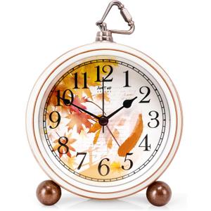 Retro Desk Clock, 5 Inches Romantic Maple Vintage Alarm Clock, Silent Non Ticking Small Clock Battery Powered, Loud Alarm Clock for Heavy Sleepers, Decorative Clocks Gift for Mother's Day (Feather)