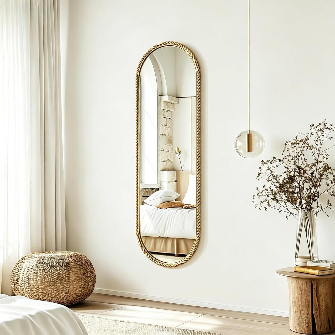 Gold Oval Full Length Mirror, 16"x48" Hanging Wall Mirror with Antique Gold Braided Metal Cord Frame, Modern Distressed Wall Decor for Bedroom, Living Room, Entryway