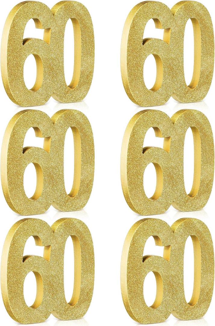 Shellwei 6 Pcs 60th Birthday Decorations for Men and Women, Anniversary Decorations, Gold Glitter Number Table Topper Centerpieces Decor for Birthday Party