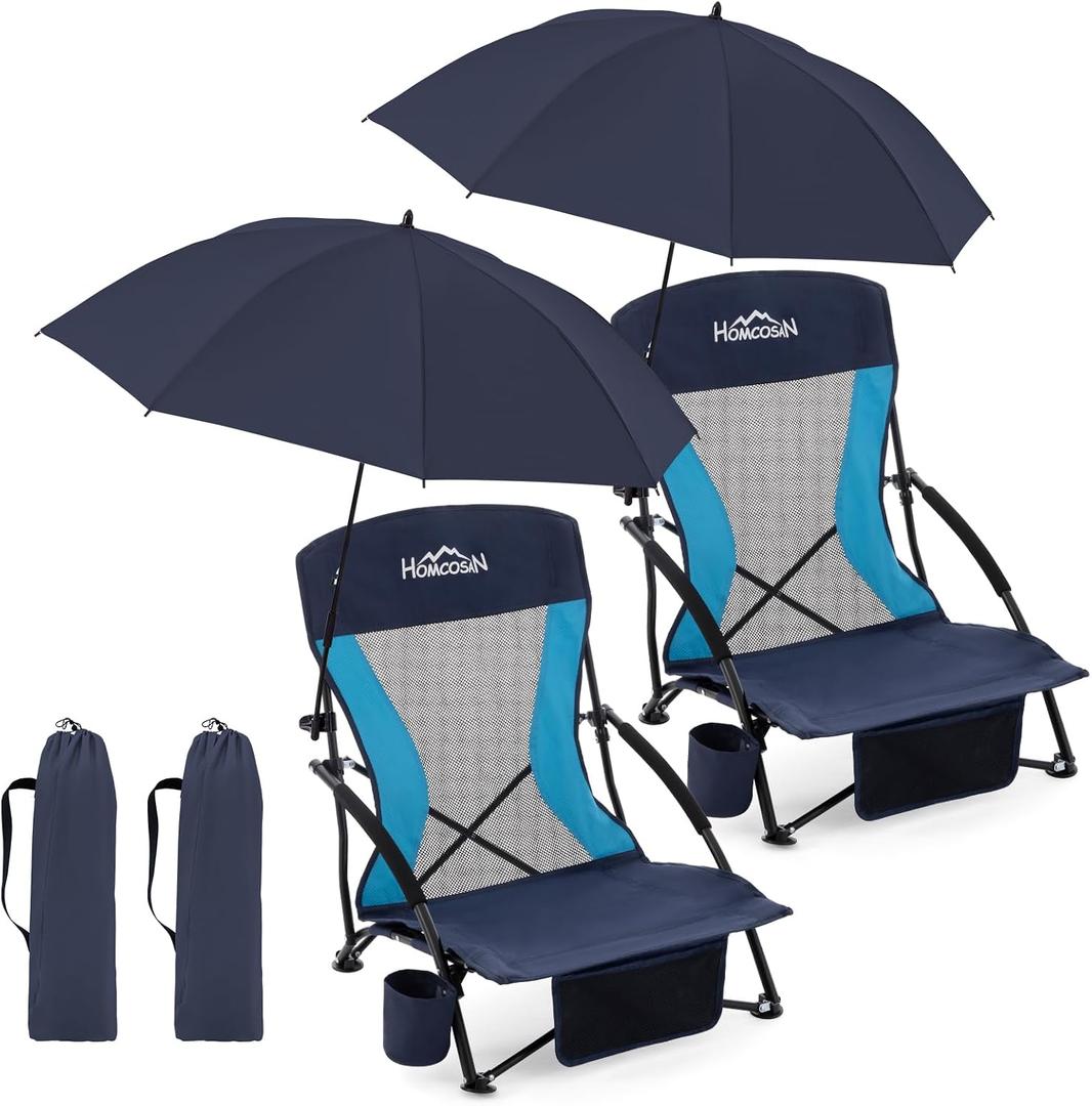 Homcosan Portable Low Folding Beach Chairs Set of 2 with Detachable Umbrellas - Lightweight Camping Chairs for Adults with Cup Holder & Storage Pockets, Carry Bag Included (Navy & Blue)
