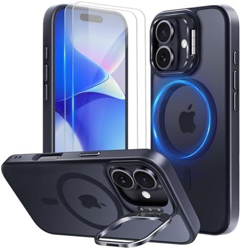 Mitywah for iPhone 16 Case with Stand, 2X [Tempered Glass Screen Protector] Military-Grade Drop Protection N52 Magnetic Phone Case, Matte Translucent Slim Case Skin-Friendly Touch, Black