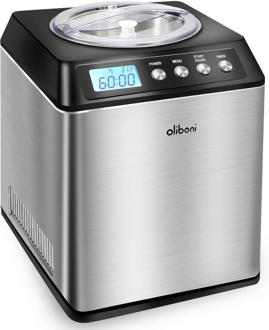 2.6 Qt Ice Cream Maker with Compressor, LCD Digital Display & Timer, No Pre-freezing, Countertop Gelato Makers, Automatic Ice Cream Machine for Homemade Use, Stainless Steel, 10-year Repair Service