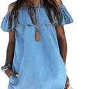 Women's Blue Jean Dress Off Shoulder Ruffle Short Sleeve Loose Denim Mini Dress with Pocket (Medium)
