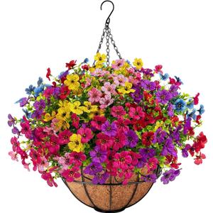 Ouddy Decor Artificial Hanging Flowers with Basket, Fake Hanging Plants with Faux Silk Flowers UV Resistant for Outdoors Indoors Spring Summer Porch Patio Balcony Yard Home Decorations, Multicolor