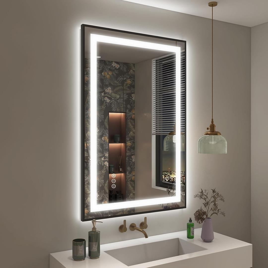 OKPAL 24x36 Black LED Mirror for Bathroom, Lighted Bathroom Mirror with Lights, Frontlit & Backlit Lighted Vanity Mirror, Anti-Fog, Dimmable, Memory, Shatterproof, Horizontal/Vertical