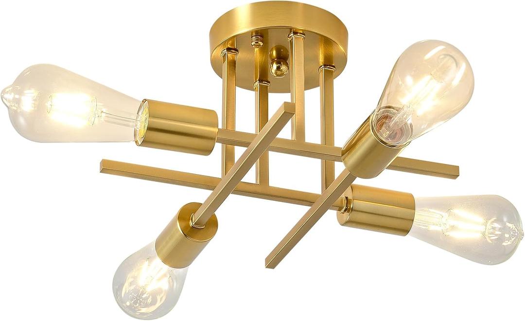 EGM Gold Semi Flush Mount Ceiling Light, 4-Light Modern Kitchen Light Fixture with E26 Base, Ceiling Lamp for Bedroom, Sputnik Chandelier for Dining Room Living Room Foyer Office (1 Pack)