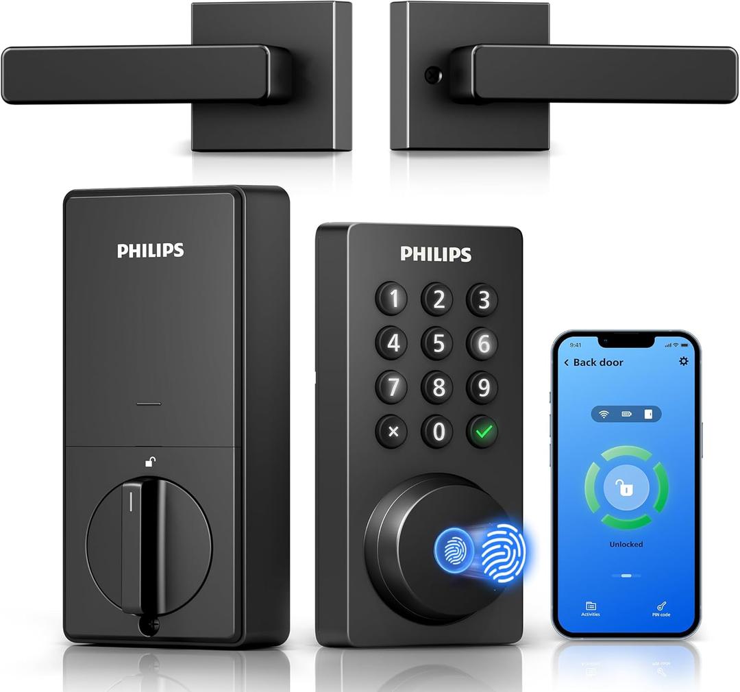 Philips WiFi Keypad Door Lock with Handle, Built-in WiFi, APP Remote Control, Voice & Fingerprint Unlock, Smart Locks for Front Door with Auto Lock, Digital Front Door Lock Set, Keyless Entry Deadbolt (Matte Black)